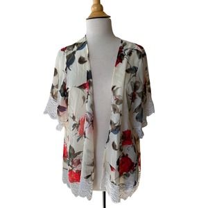 Women white & red lace trimmed chiffon cardigan kimono style beach cover up - XL